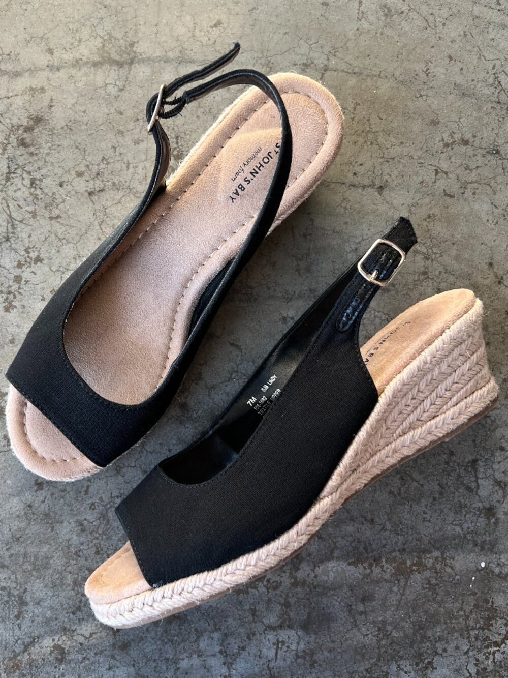St. John's Bay Lindy Black Espadrille Kitten Wedge Sandals Memory Foam Womens 7M